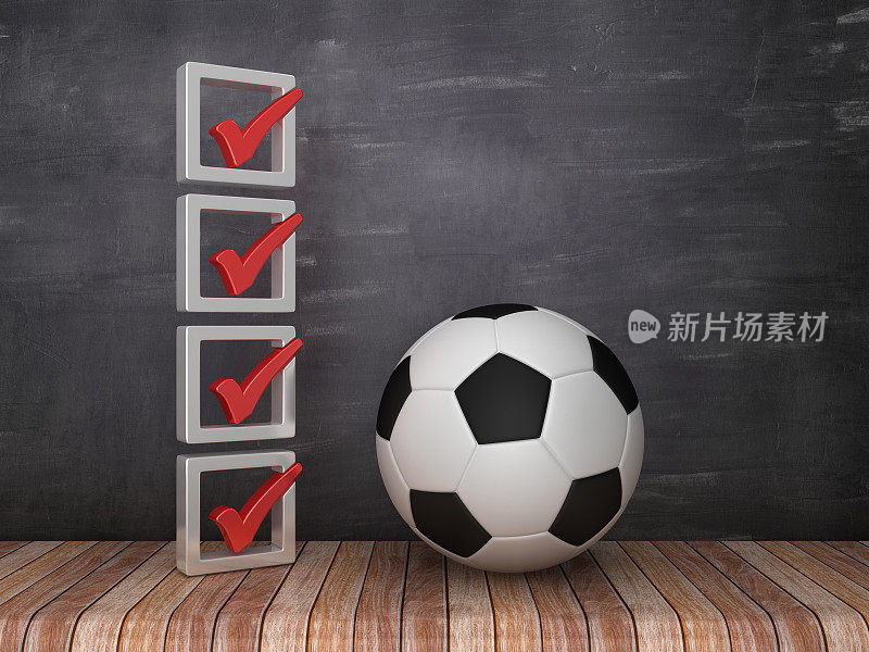 3D检查列表与足球在黑板上的背景- 3D渲染